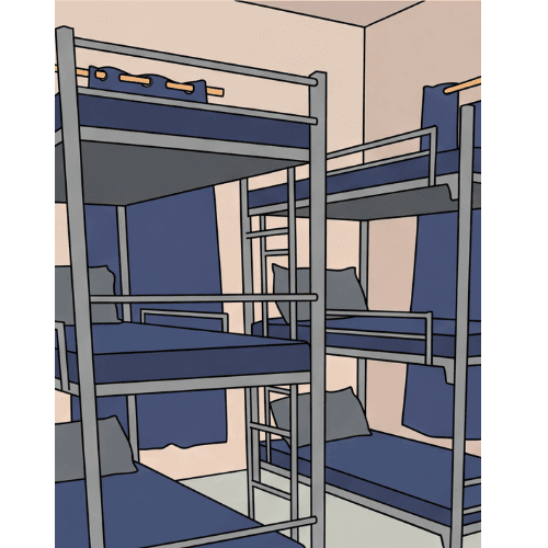 Interior del dormitorio con literas y cortinas