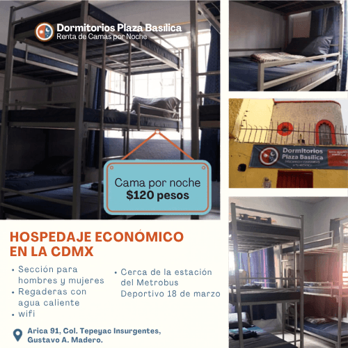Hospedaje económico en la CDMX: camas, fachada y tarifa en Dormitorios Plaza Basílica